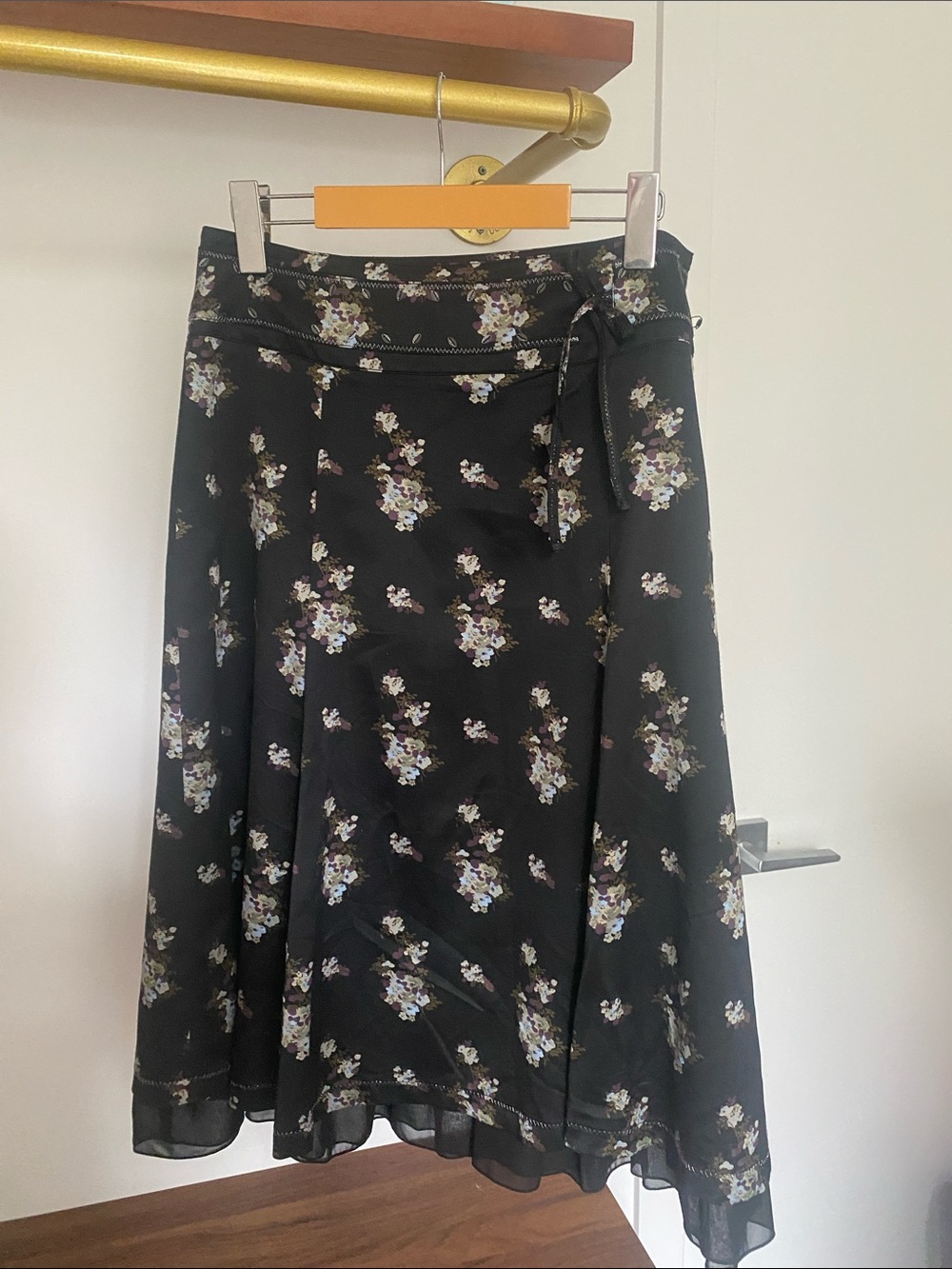 Esprit Black Floral A-Line Skirt with Waist Tie